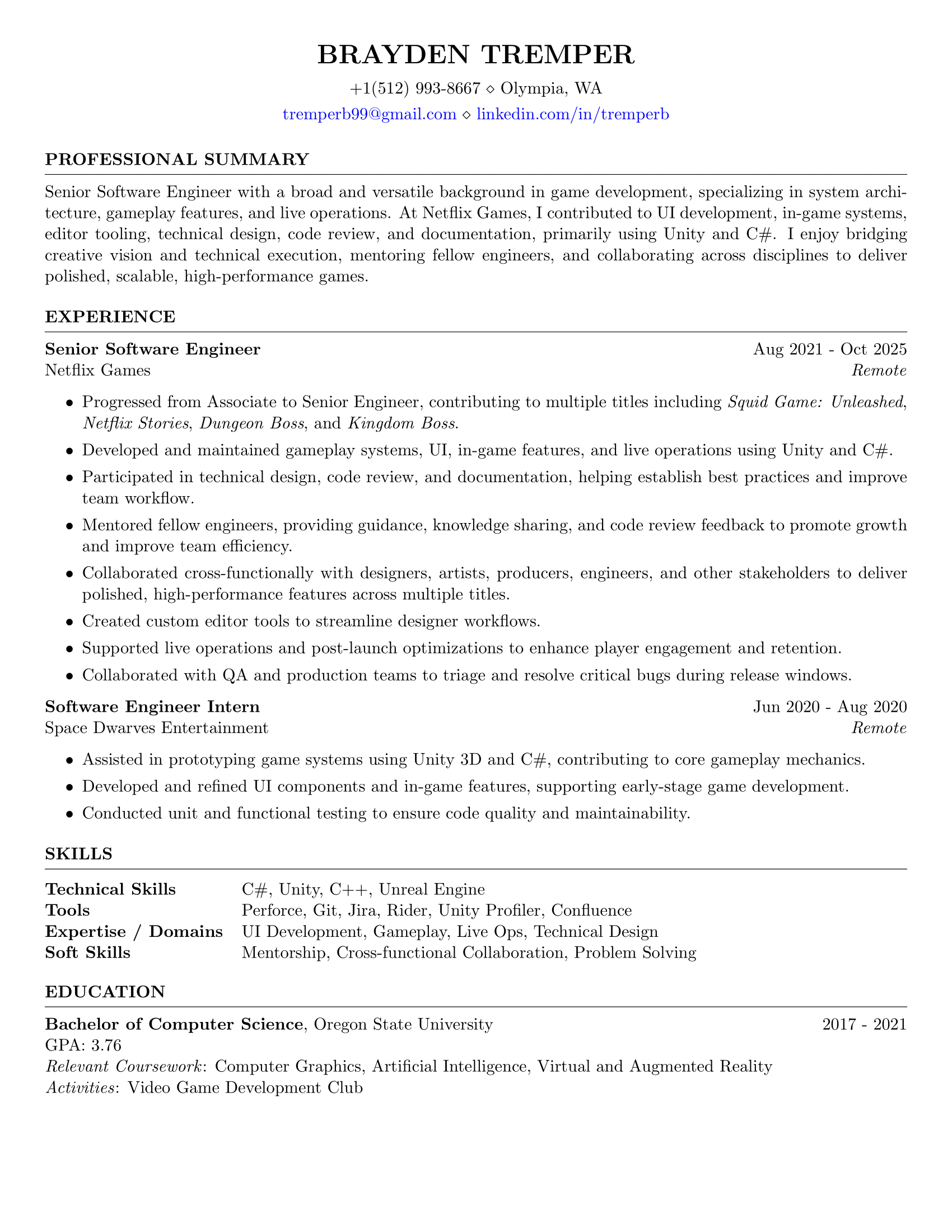 Brayden Tremper Resume